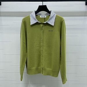 Miu Miu Olive Cardigan with Striped Collar